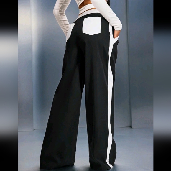 Pants - Black & White Contrast Palazzo Wide Leg Pants, Suitable For Autumn/Winter